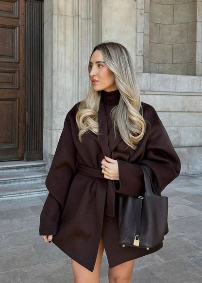 Brown Belted Wrap Coat with Wide Sleeves