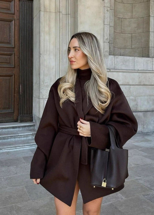 Brown Belted Wrap Coat with Wide Sleeves