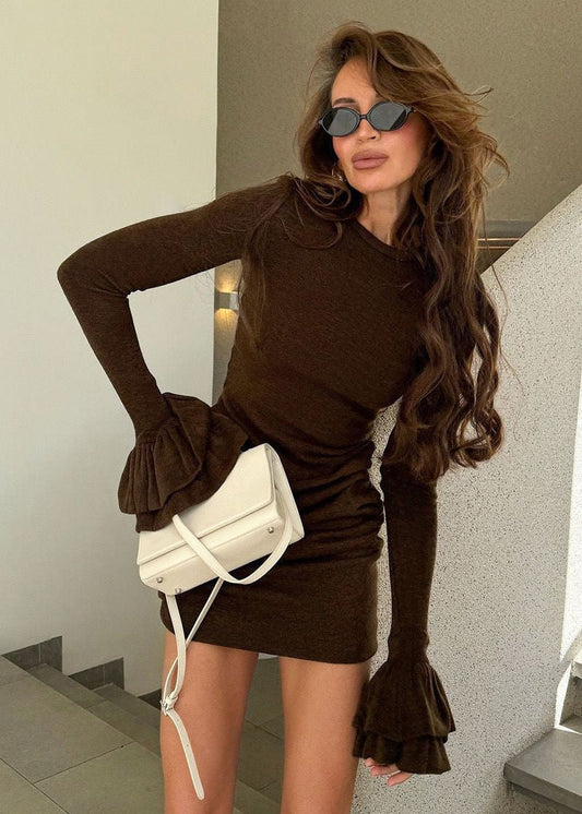 Brown Long Sleeve Bodycon Mini Dress – Soft Stretch Knit