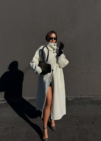 Women’s White Long Wool-Blend Coat with High Collar