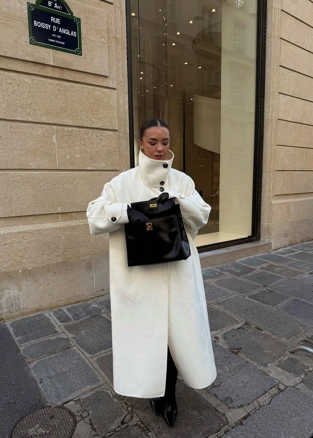 Women’s White Long Wool-Blend Coat with High Collar