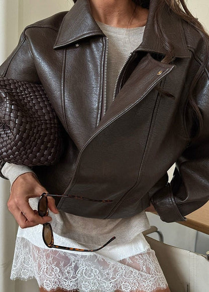 Brown Faux Leather Belted Jacket – Structured Fit Women’s Statement Outerwear