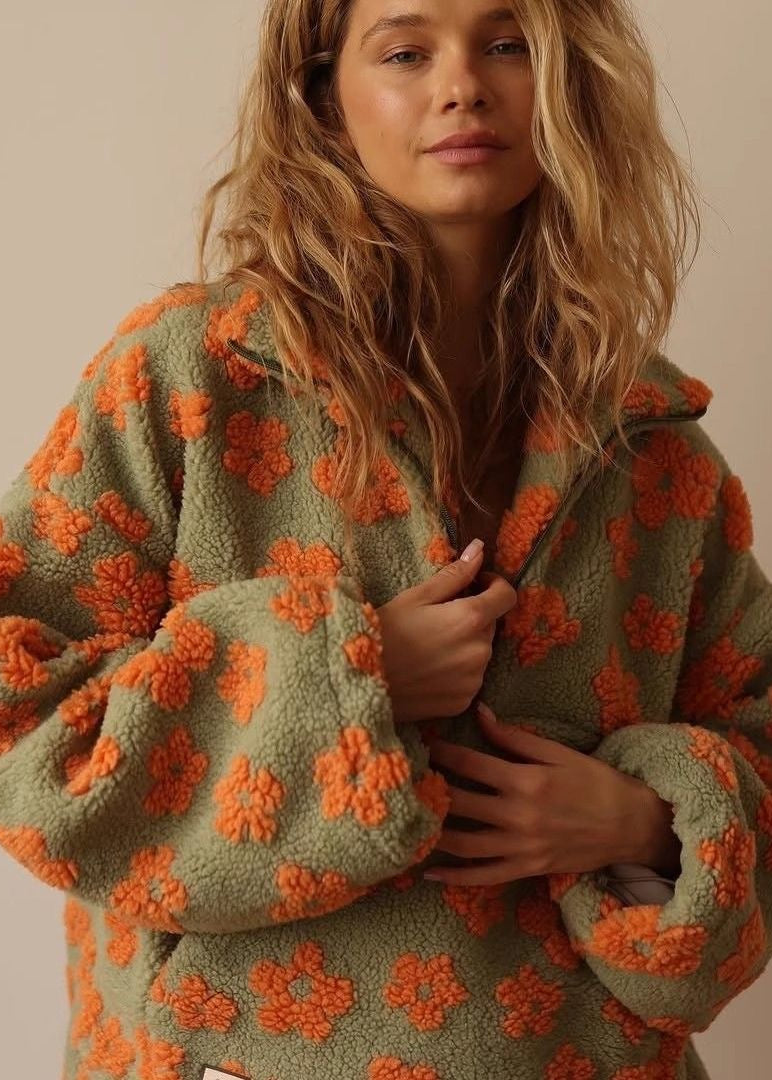 Floral Sherpa Half-Zip Pullover Jacket – Cozy Oversized Fleece Top
