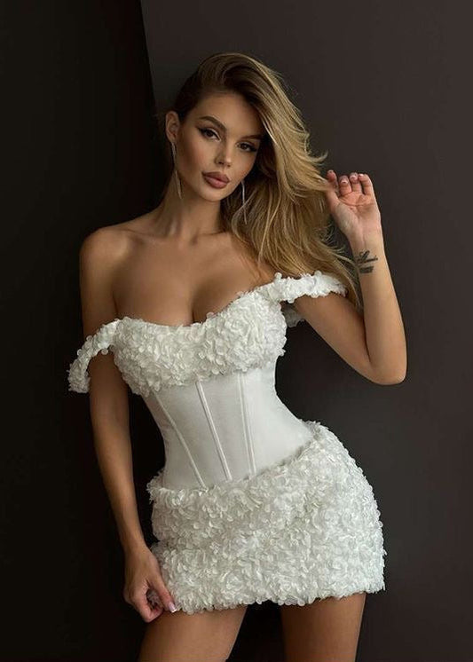 White Off Shoulder Corset Mini Dress – Bridal Party & Birthday Bodycon Dress