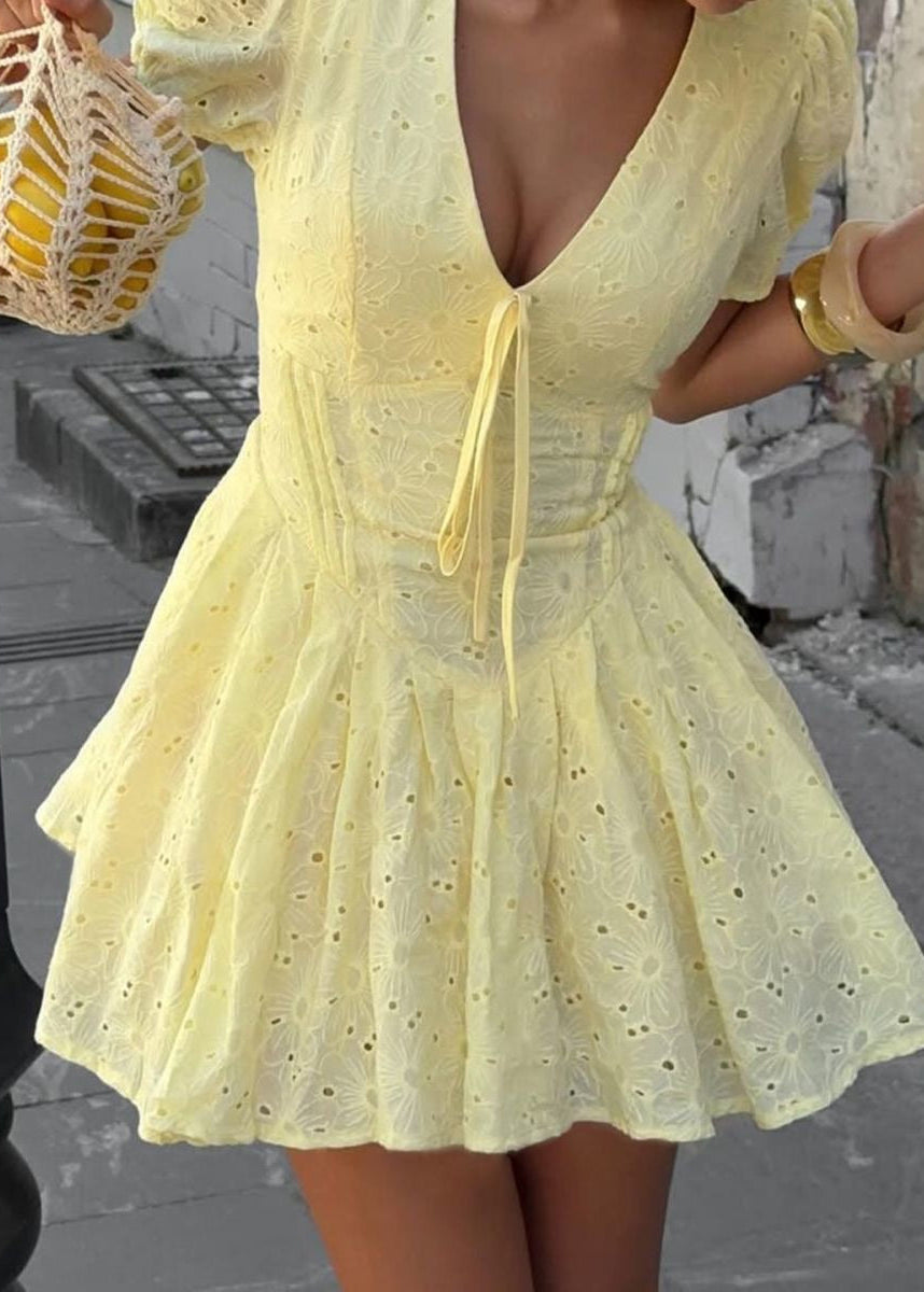 Lemon Eyelet Fit & Flare Mini Dress with Puff Sleeves