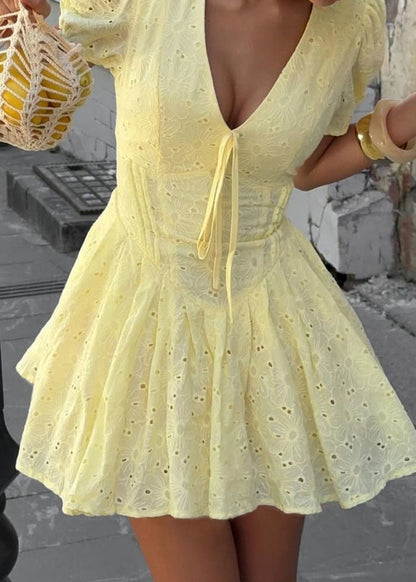 Lemon Eyelet Fit & Flare Mini Dress with Puff Sleeves