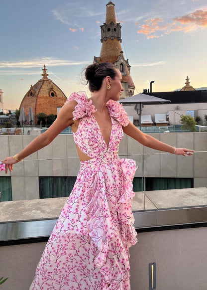 Pink Floral Ruffle Maxi Dress with Cut-Out Waist and Ring Detail
