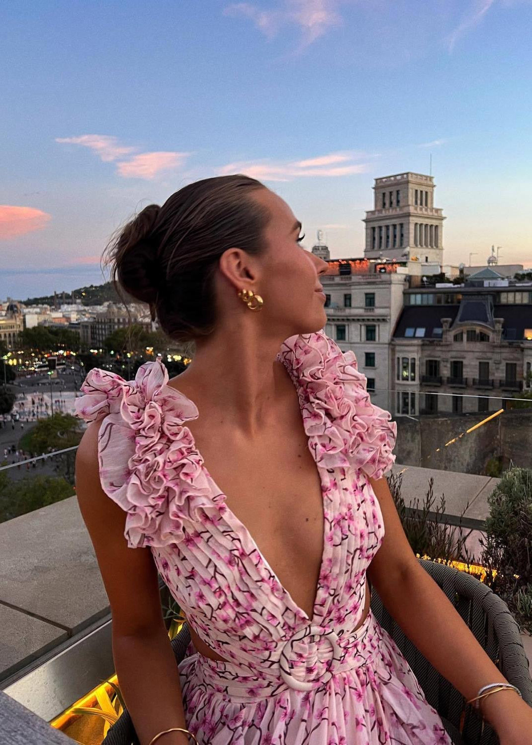 Pink Floral Ruffle Maxi Dress with Cut-Out Waist and Ring Detail