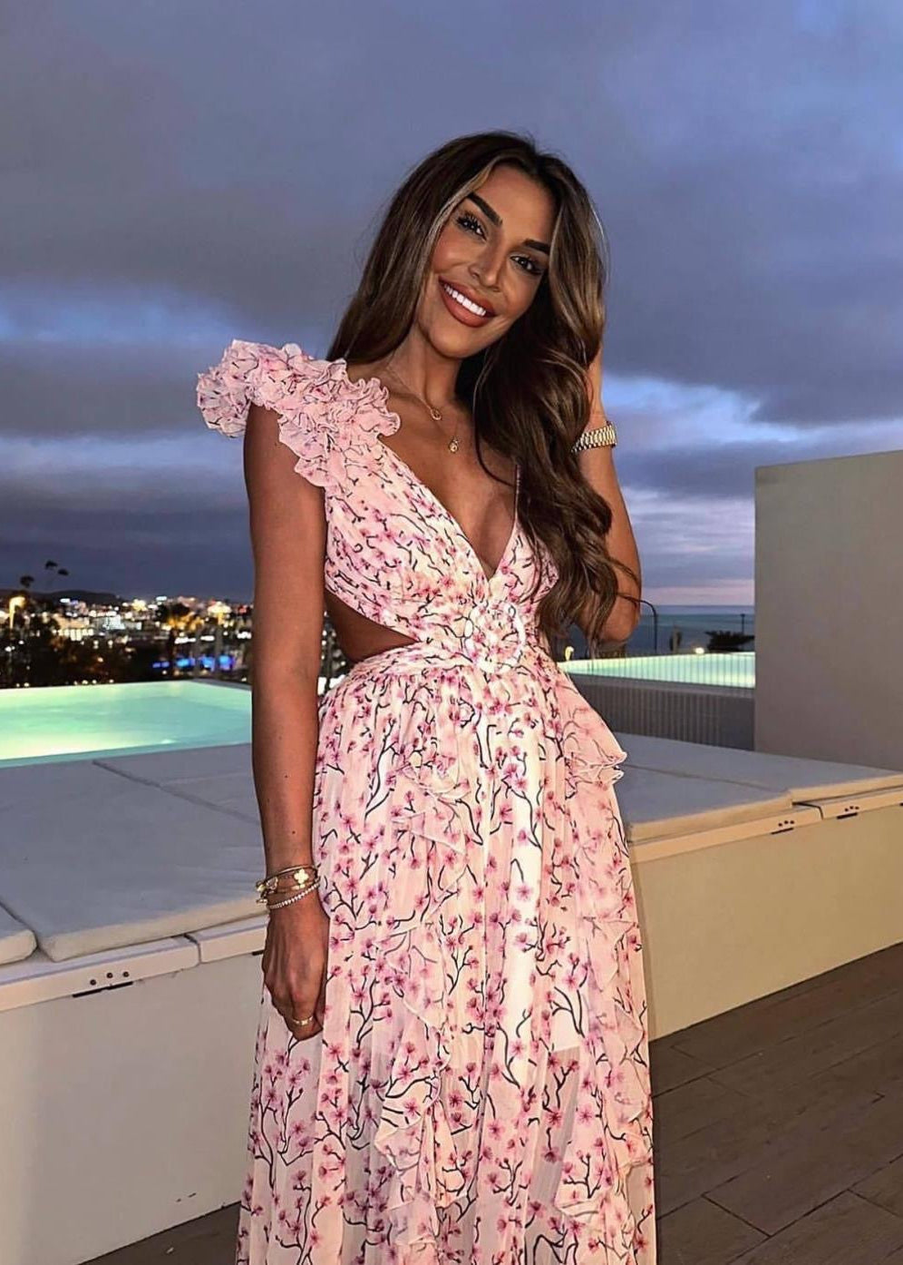 Pink Floral Ruffle Maxi Dress with Cut-Out Waist and Ring Detail