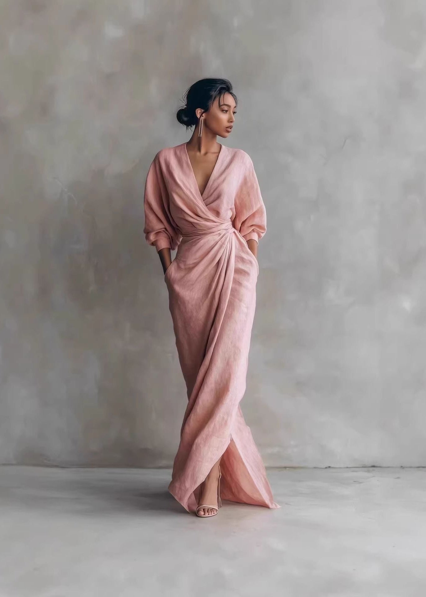 Blush Linen Wrap Maxi Dress – Long Sleeve Elegant Summer Dress