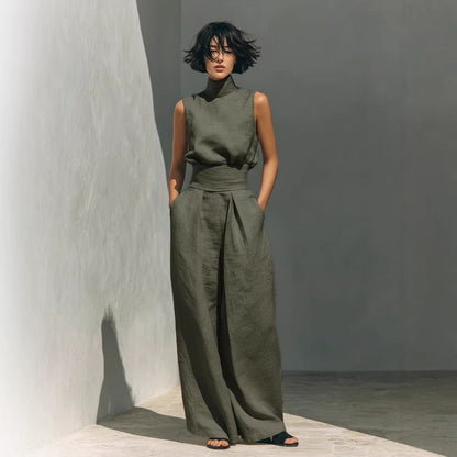 Sienna Linen Two-Piece Pants Set – Sleeveless Top & Wide Leg Pants