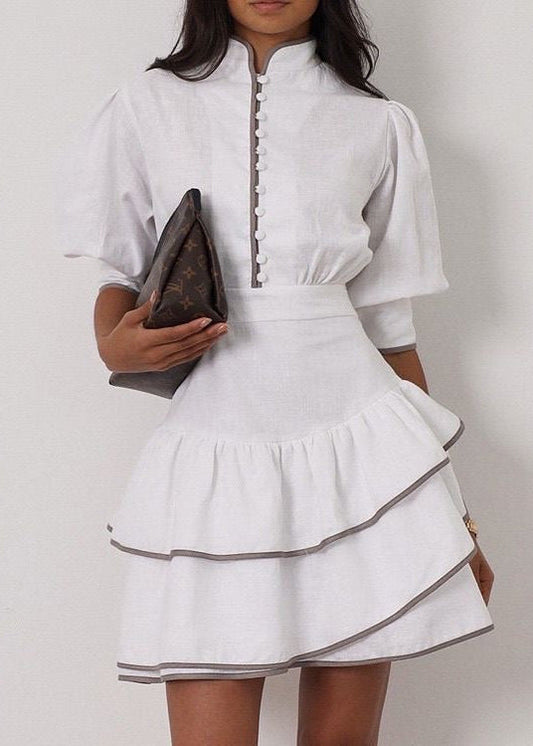 White Ruffle Mini Dress for Women – High Neck Puff Sleeve Summer Dress