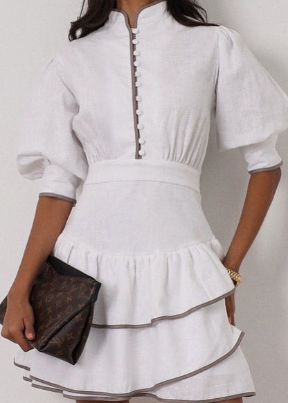 White Ruffle Mini Dress for Women – High Neck Puff Sleeve Summer Dress