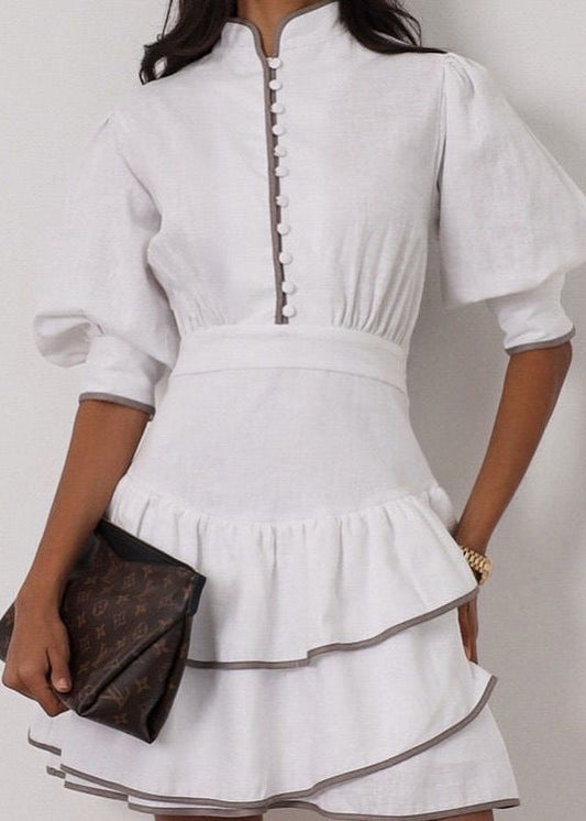 White Ruffle Mini Dress for Women – High Neck Puff Sleeve Summer Dress