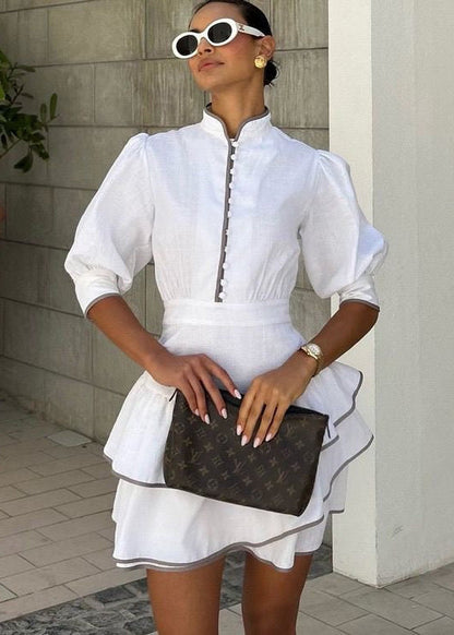 White Ruffle Mini Dress for Women – High Neck Puff Sleeve Summer Dress