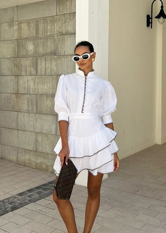 White Ruffle Mini Dress for Women – High Neck Puff Sleeve Summer Dress