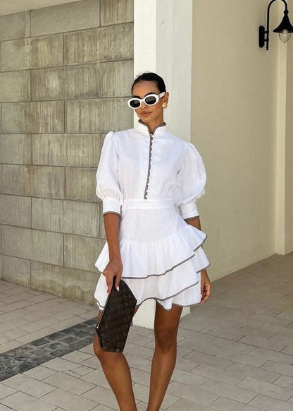 White Ruffle Mini Dress for Women – High Neck Puff Sleeve Summer Dress