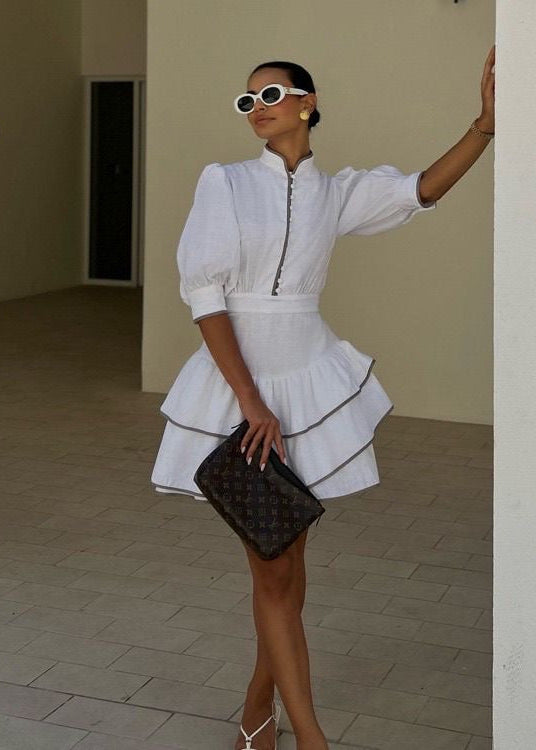 White Ruffle Mini Dress for Women – High Neck Puff Sleeve Summer Dress