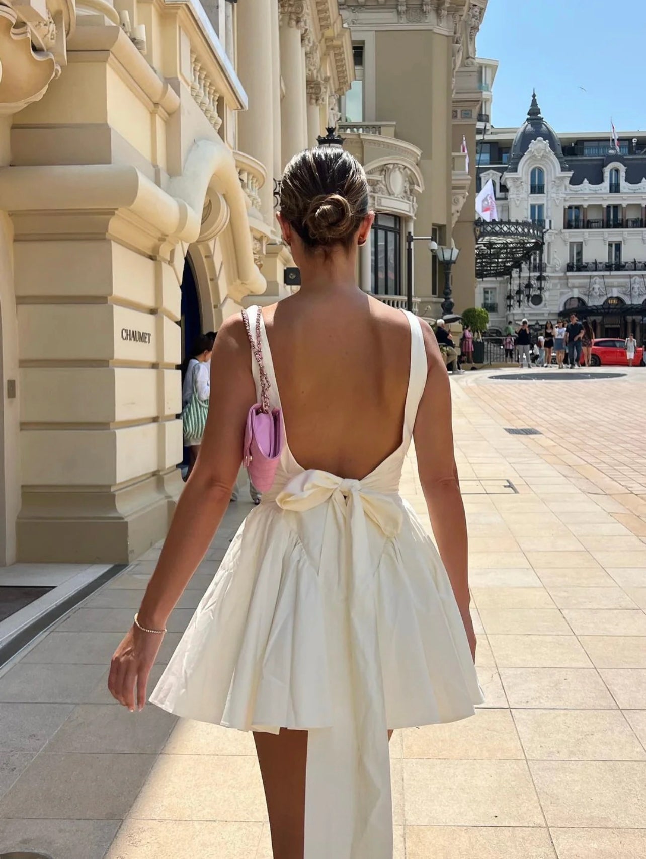 Backless Bow Tie Wide Strap Pleated Fit and Flare Mini Dress
