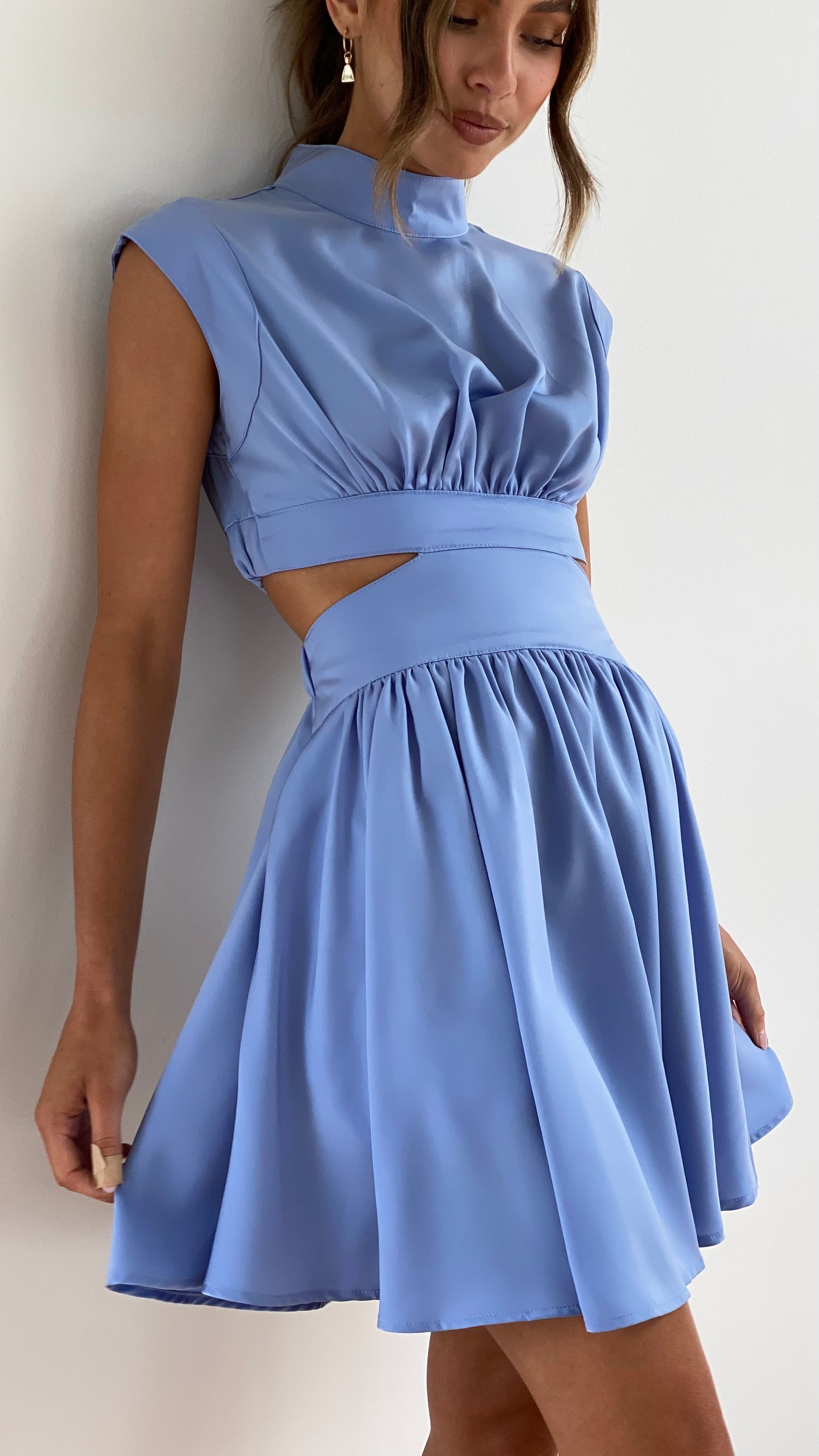 Mock Neck Structured Shoulder Waist Cutout Pleated Skater Mini Dress