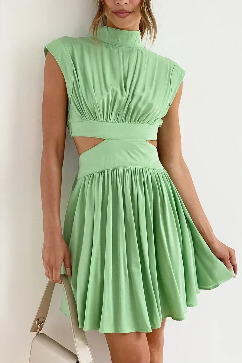 Mock Neck Side Cut Out Pleated Fit and Flare Mini Dress