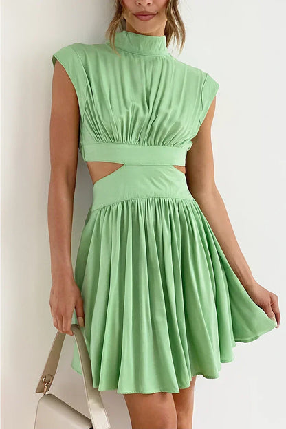 Mock Neck Side Cut Out Pleated Fit and Flare Mini Dress