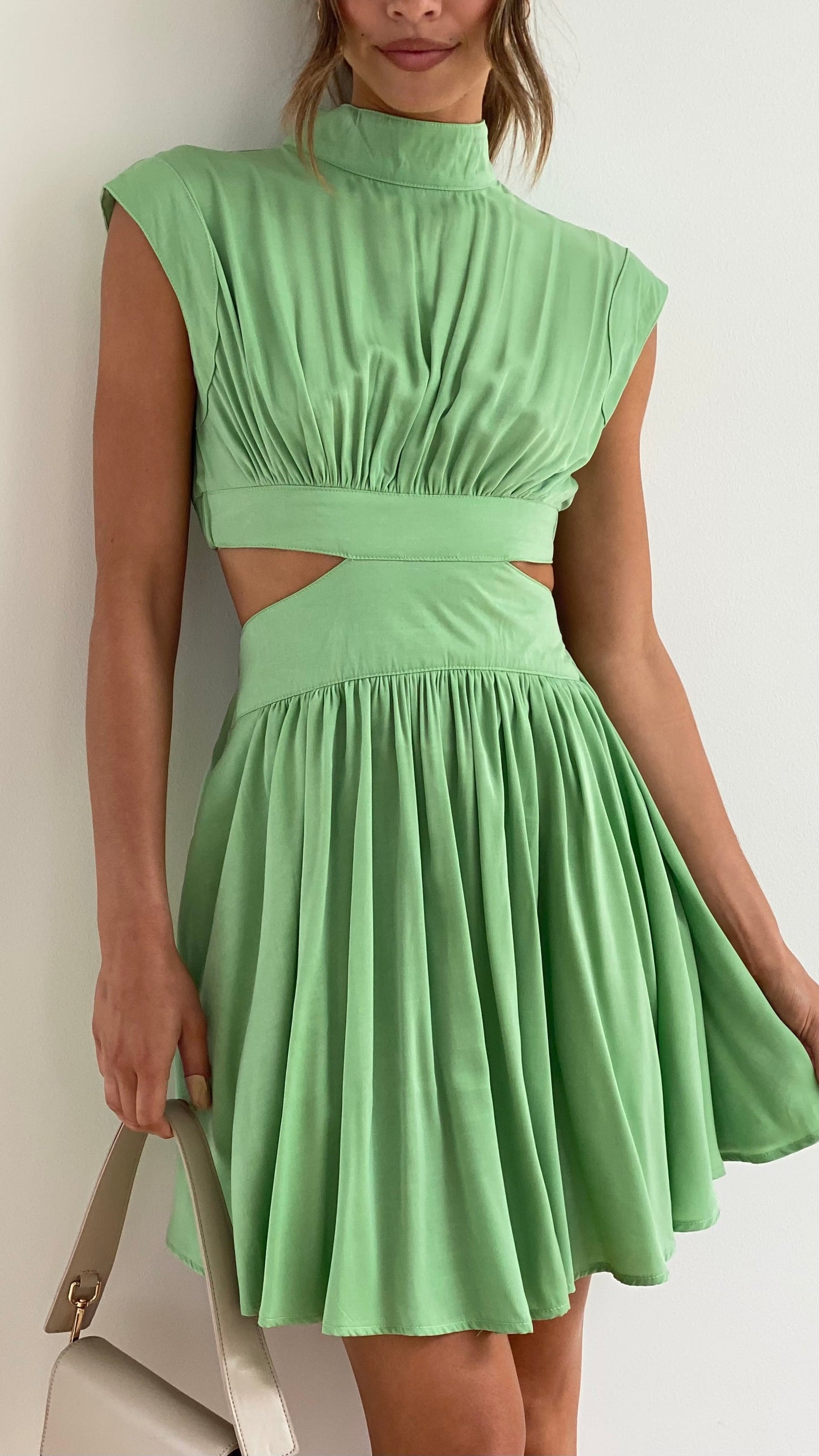 Mock Neck Sleeveless Side Cut Out Pleated Fit and Flare Mini Dress