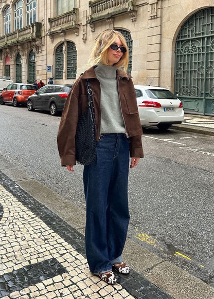 Cropped Brown Jacket – Zip Front Faux Suede Outerwear