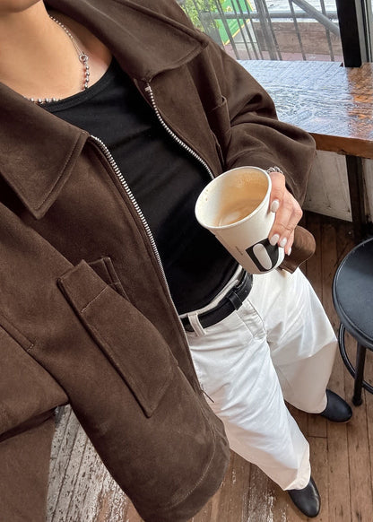 Cropped Brown Jacket – Zip Front Faux Suede Outerwear