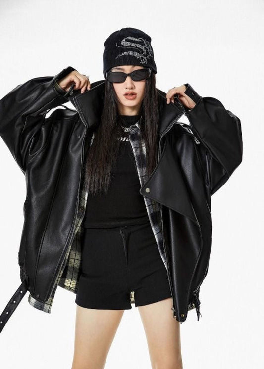 Oversized Faux Leather Jacket – Black Moto Style with Wide Collar
