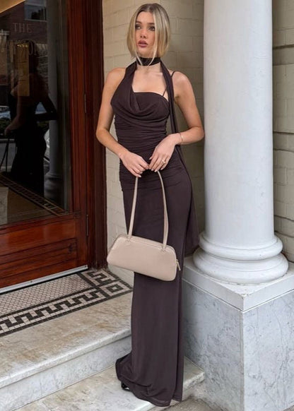 Halter Neck Maxi Dress – Ruched Bodycon Evening Gown