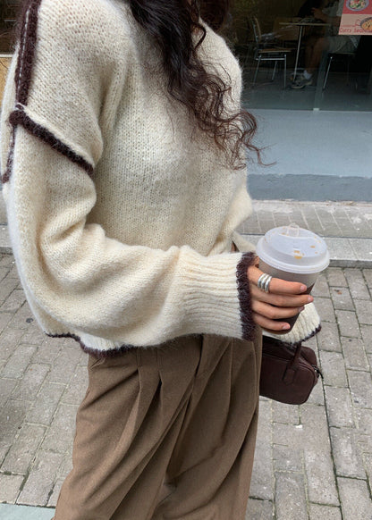 Gray Fuzzy Contrast-Trim Sweater – Women’s Loose Crewneck Pullover