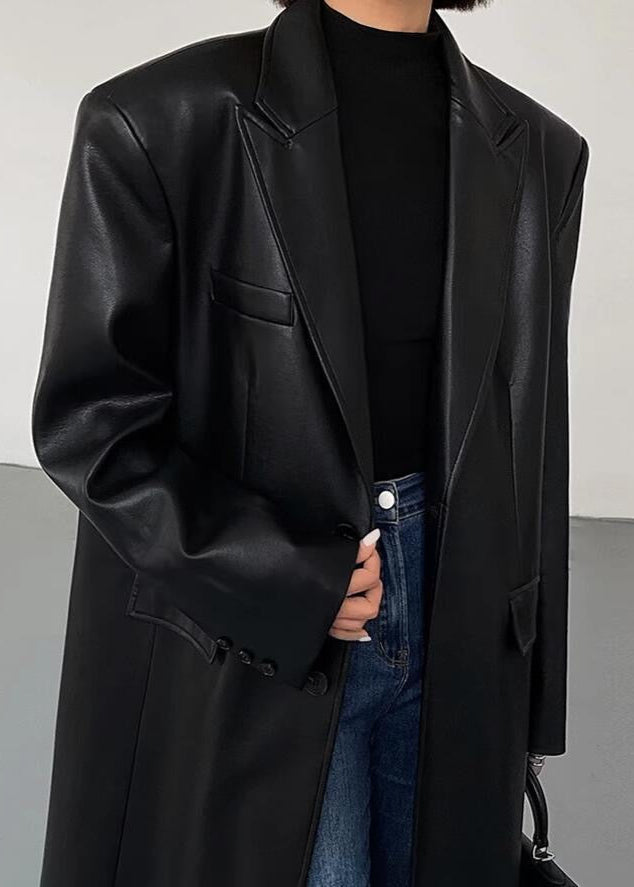 Oversized Faux Leather Long Coat – Women’s Dark Brown Single-Breasted Jacket