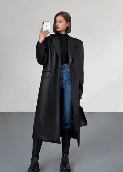 Oversized Faux Leather Long Coat – Women’s Dark Brown Single-Breasted Jacket
