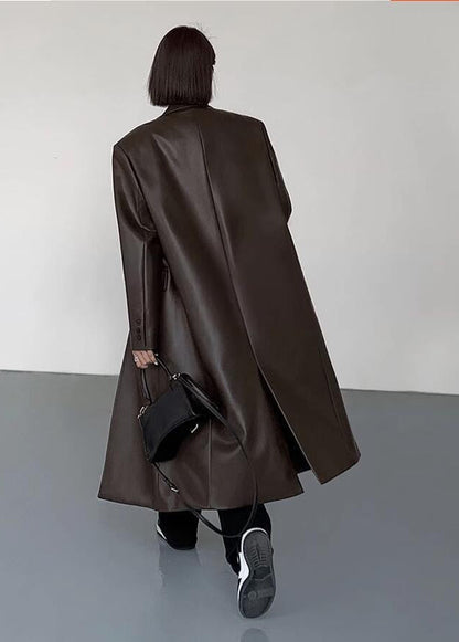Oversized Faux Leather Long Coat – Women’s Dark Brown Single-Breasted Jacket