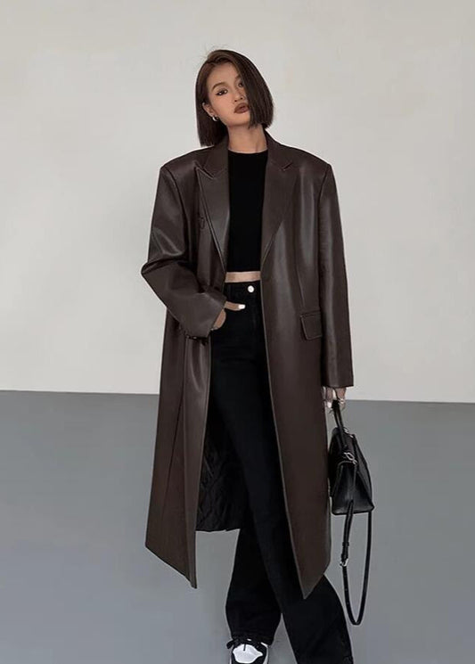 Oversized Faux Leather Long Coat – Women’s Dark Brown Single-Breasted Jacket