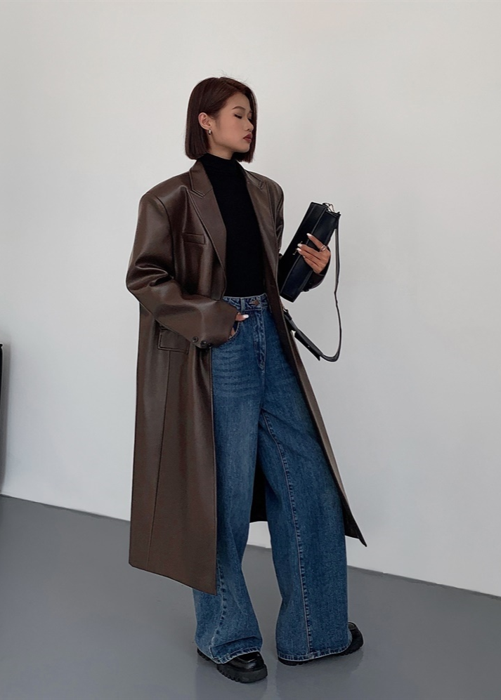 Oversized Faux Leather Long Coat – Women’s Dark Brown Single-Breasted Jacket