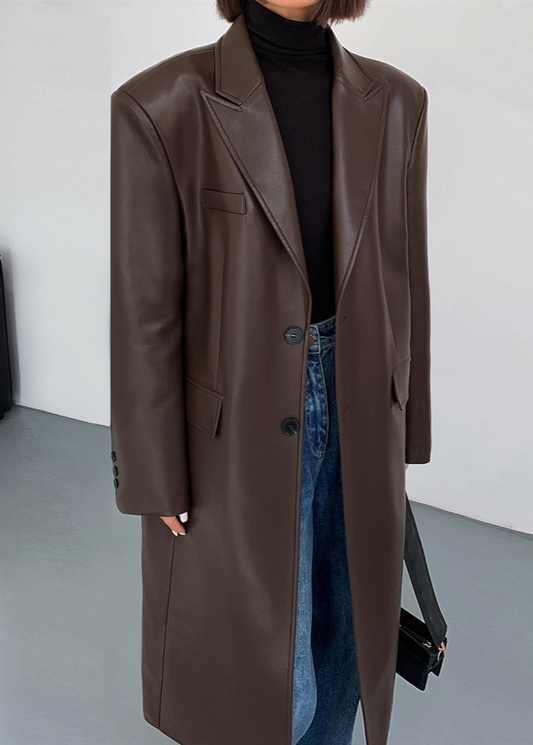 Oversized Faux Leather Long Coat – Women’s Dark Brown Single-Breasted Jacket