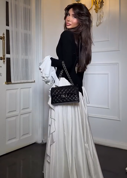 Seraphina Ruffle Sleeve Maxi Dress – Black & White Contrast Elegance