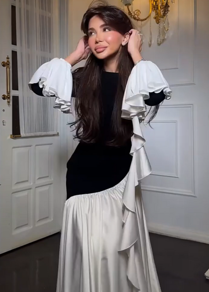 Seraphina Ruffle Sleeve Maxi Dress – Black & White Contrast Elegance