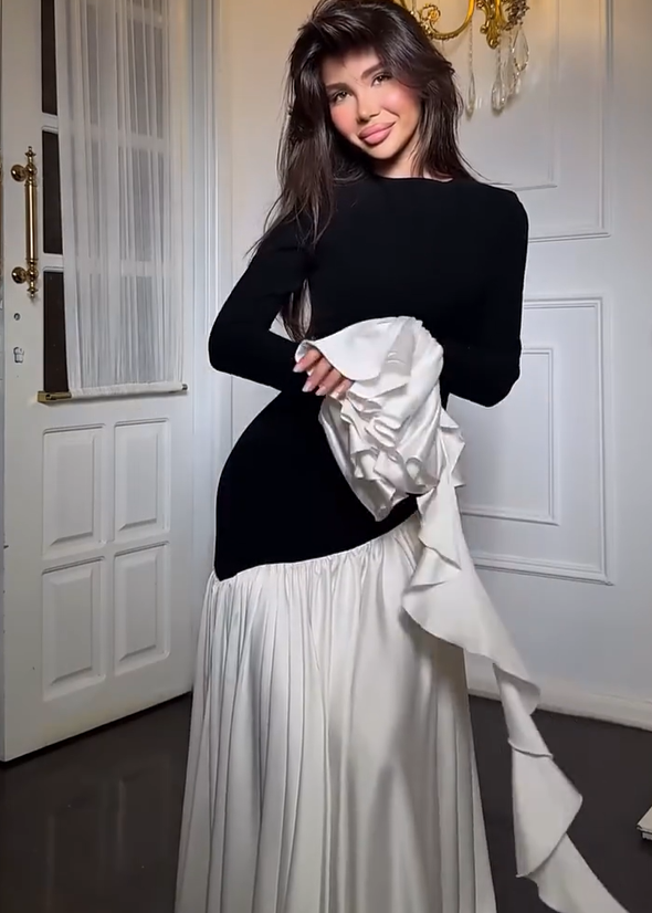 Seraphina Ruffle Sleeve Maxi Dress – Black & White Contrast Elegance