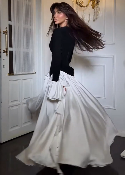 Seraphina Ruffle Sleeve Maxi Dress – Black & White Contrast Elegance