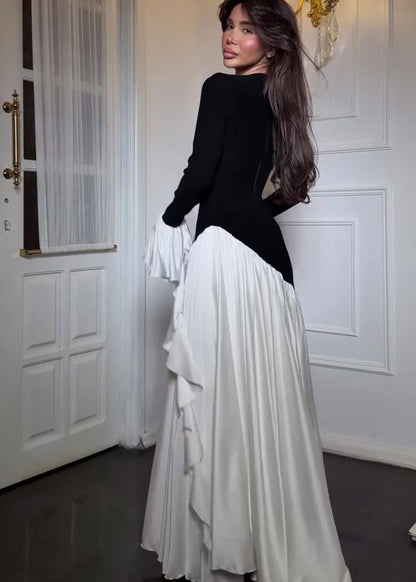Seraphina Ruffle Sleeve Maxi Dress – Black & White Contrast Elegance