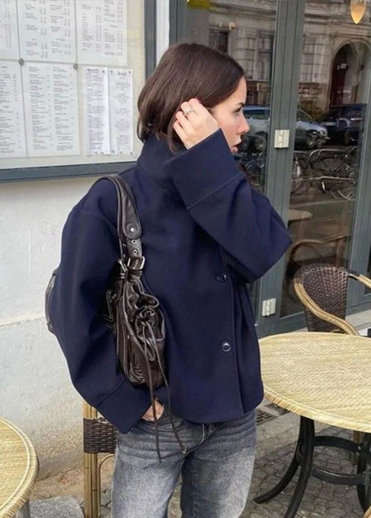 Aurora High Neck Wool Blend Jacket – Navy Blue Minimalist Coat