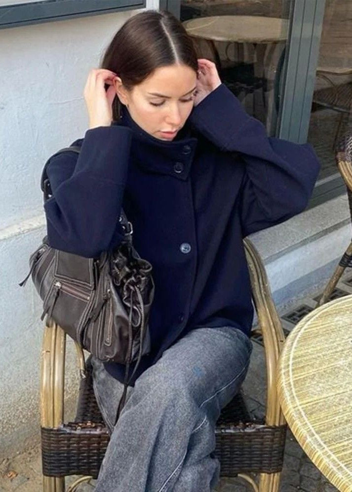 Aurora High Neck Wool Blend Jacket – Navy Blue Minimalist Coat