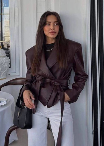 Auburn Grace - Faux Leather Belted Coat Jacket