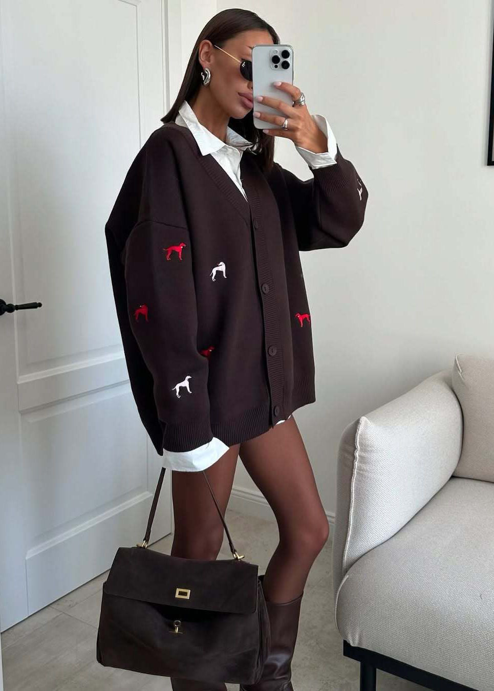 Oversized Brown Dog Embroidered Knit Cardigan