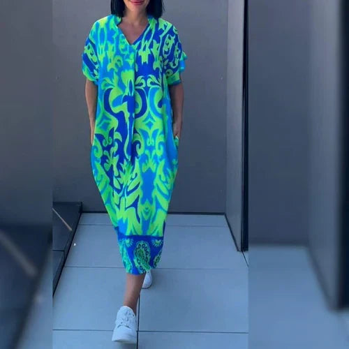 V Neck Short Sleeve Oversized Damask Print Border Hem Maxi Dress