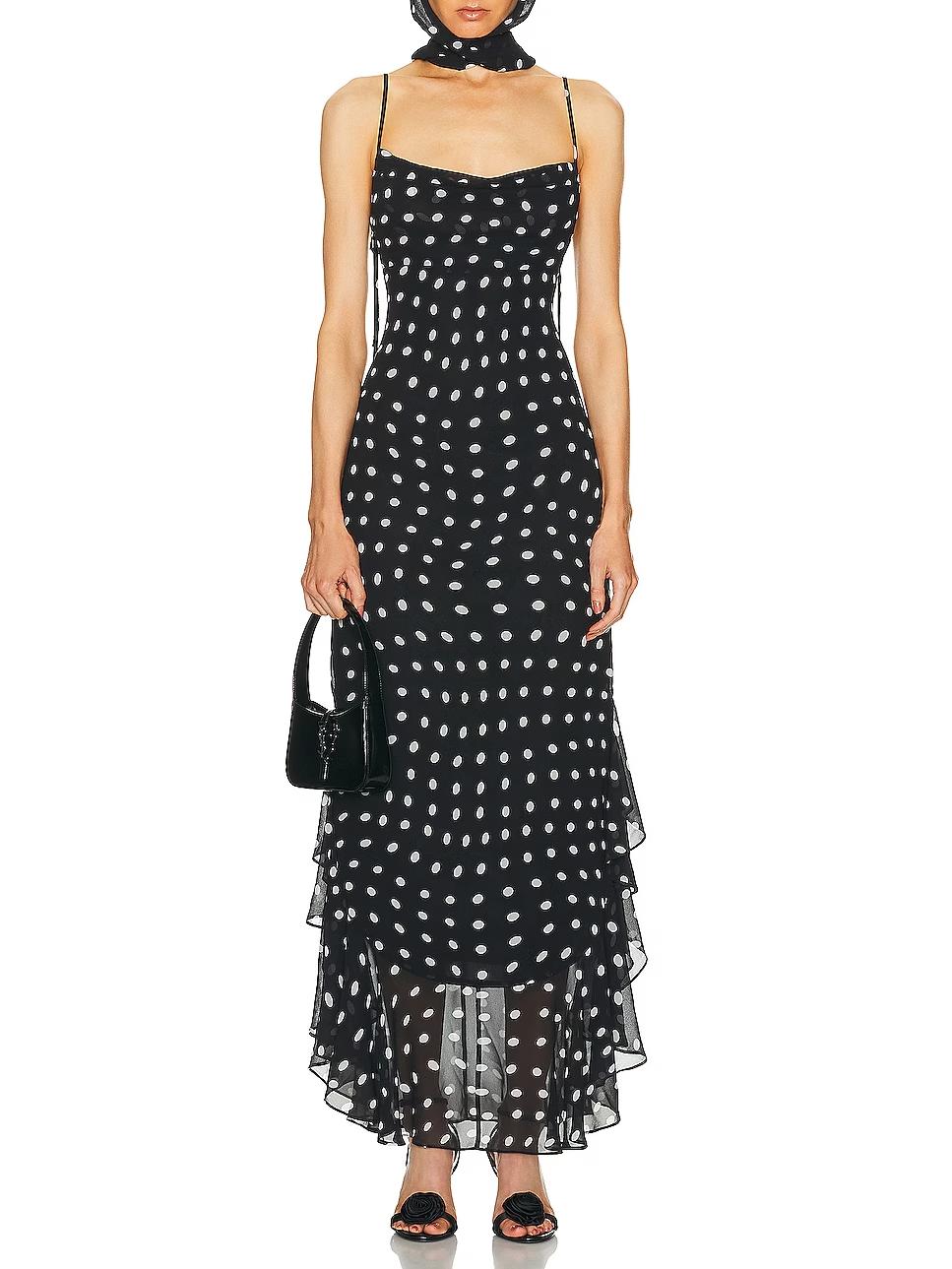 Scoop Back Spaghetti Strap Polka Dot Print Ruffle Tiered Maxi Dress
