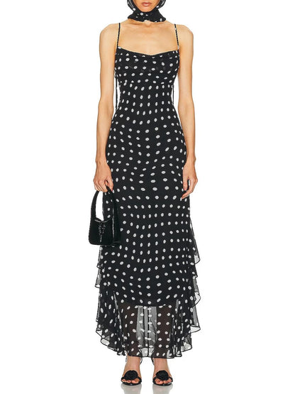Scoop Back Spaghetti Strap Polka Dot Print Ruffle Tiered Maxi Dress